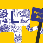 A stylised elephant holds a sign in its trunk saying 'Volunteers Wanted'